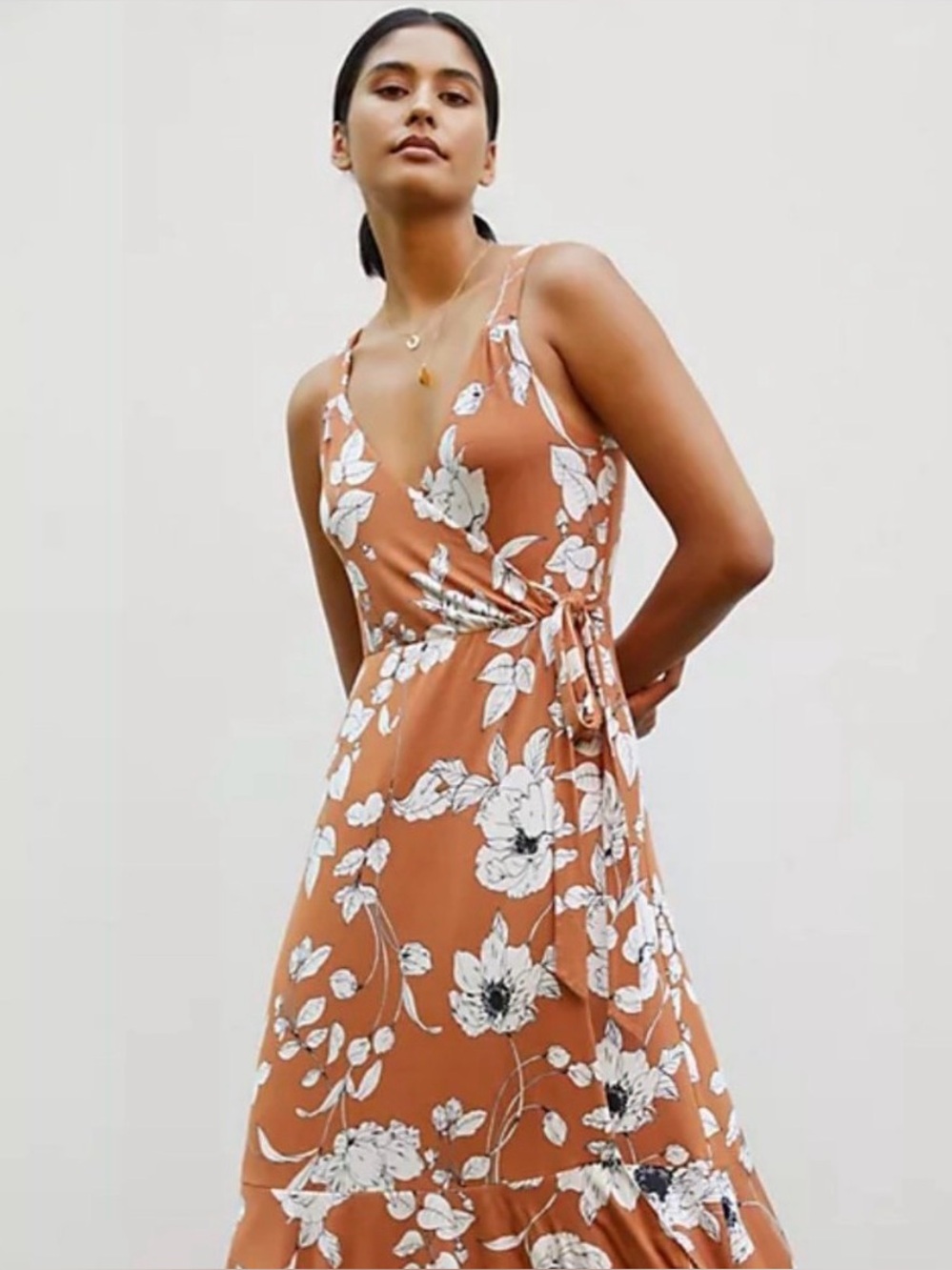 Anthropologie XS brown floral faux wrap ruffle sleeveless dress